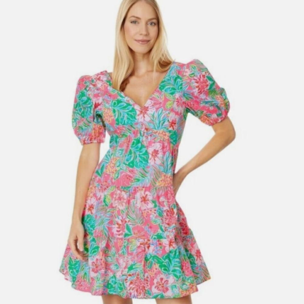 NWT Lilly Pulitzer Nalani Dress puff sleeve pink green size 16 - Picture 12 of 14
